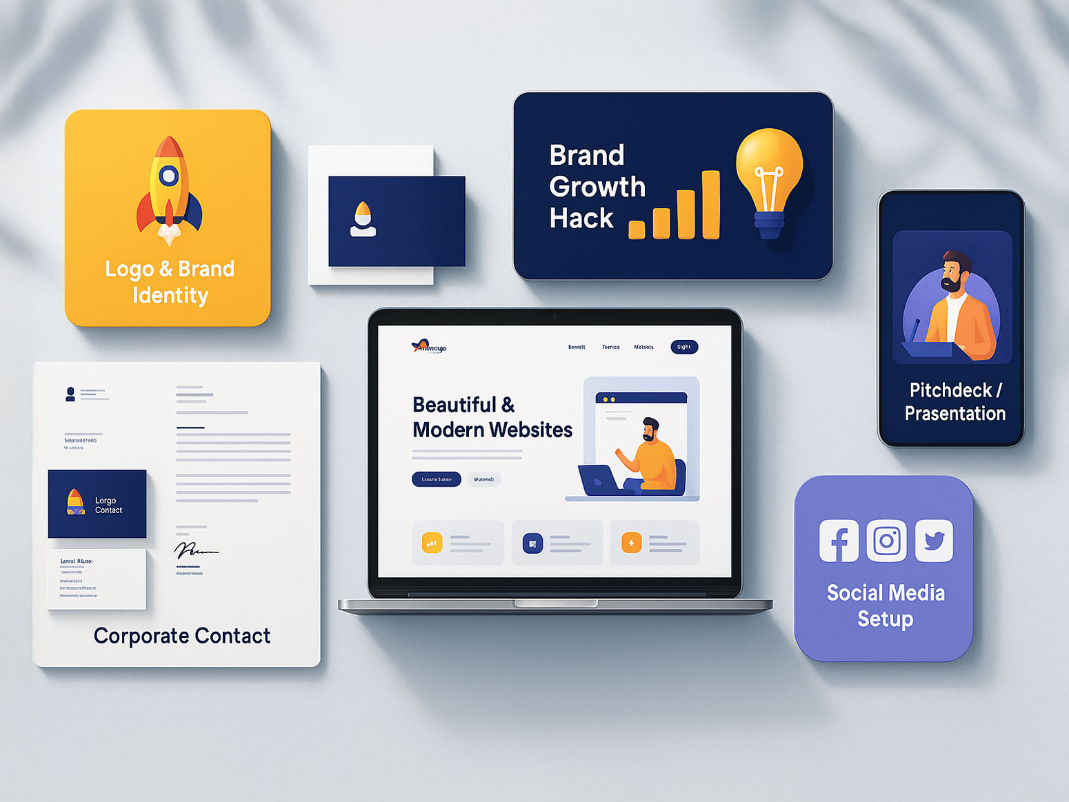 Übersicht von Marketing- und Branding-Dienstleistungen mit Icons für Logo & Markenidentität, Brand Growth Hack, Firmenkontakt, moderne Websites, Pitchdeck/Präsentation und Social-Media-Setup.