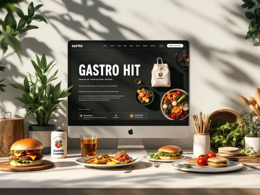 Computerbildschirm zeigt GASTRO HIT Website, umgeben von Burgern, Pommes, Getränken und frischen Kräutern auf einem Tisch mit Pflanzen im Hintergrund.