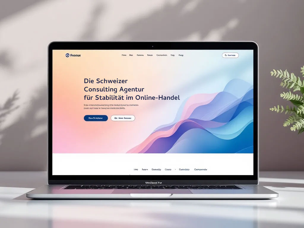 Laptop auf einem Tisch mit geöffnetem Bildschirm, der eine Schweizer Consulting Agentur für Stabilität im Online-Handel zeigt.